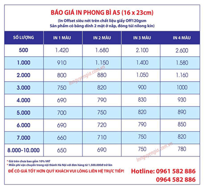 báo giá in phong bì A5