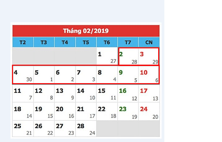 lịch nghỉ tết 2019