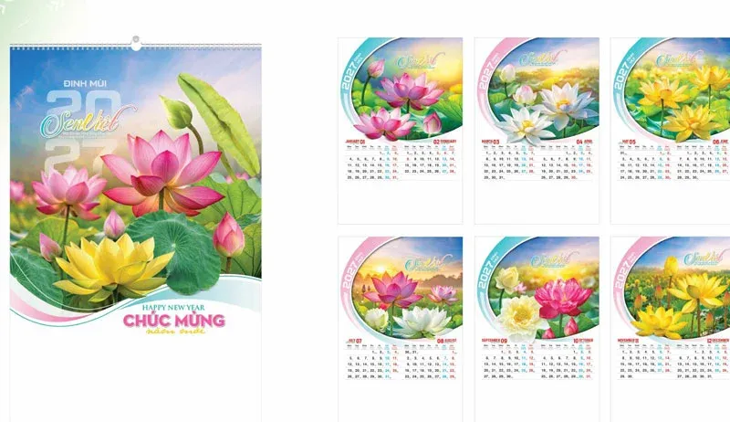 lịch tết hoa sen treo tường 