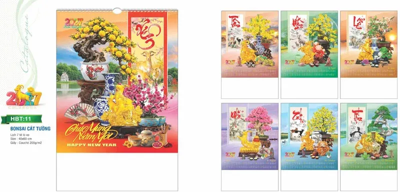 mẫu lịch tết bonsai đẹp về cây cảnh thư pháp