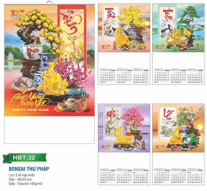 Mẫu lịch 5 tờ Bonsai Thư Pháp