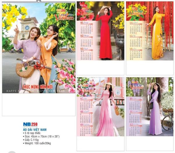 mẫu lịch 5 tờ nẹp thiếc áo dài Việt Nam
